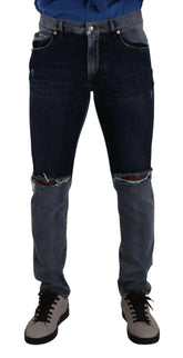 Dolce & Gabbana Blue Two Tone Tattered Cotton Slim Denim Jeans -   -  Dolce & Gabbana.